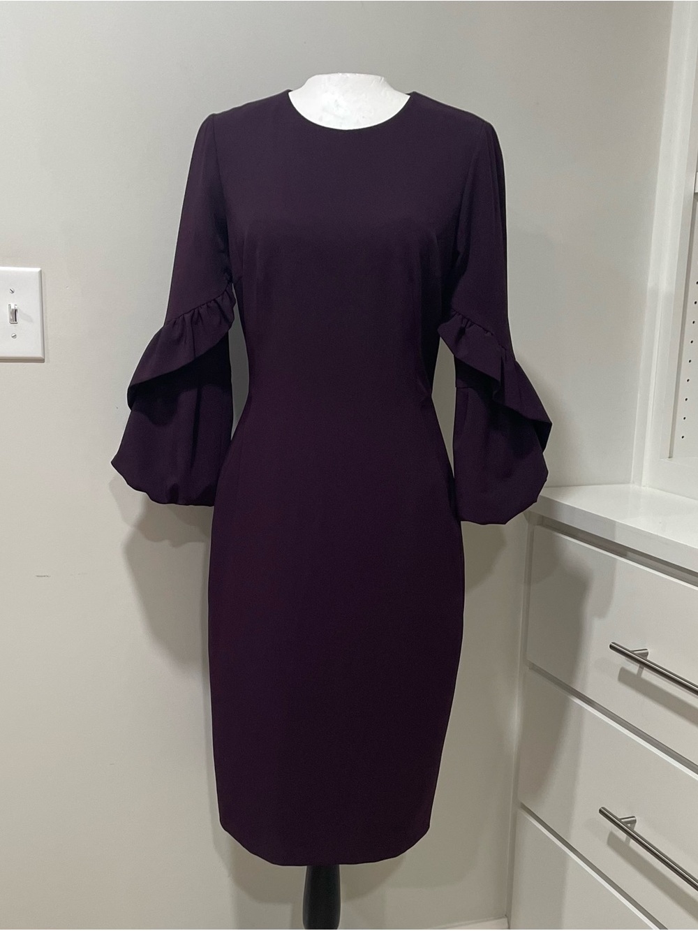 Antonio Melani Elegant Plum Purple Ruffle Bell Sleeve Sheath Dress Cocktail